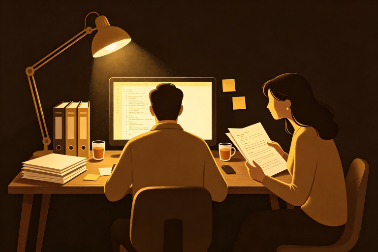 插画：深夜书房，一人对着屏幕写代码，身旁手持文件的妻子微微前倾与他讨论，桌上两杯热茶